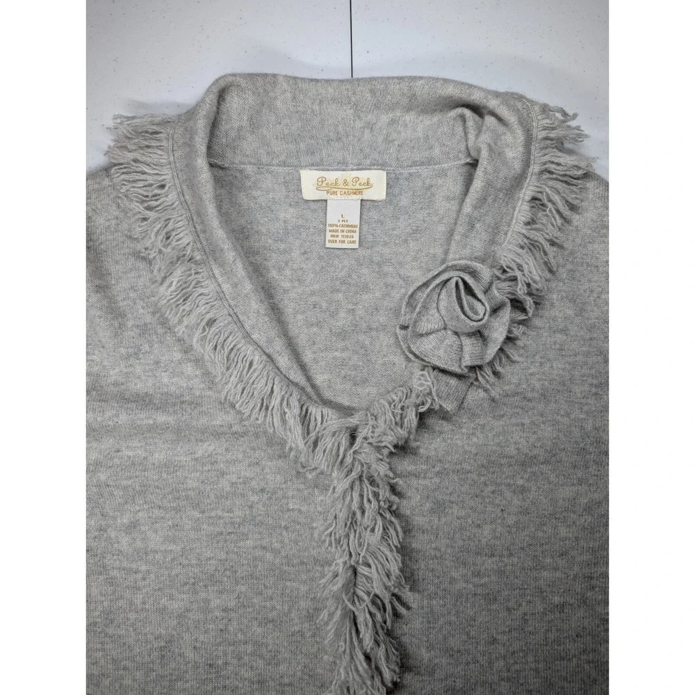 Peck & Peck  100% Pure Cashmere Cardigan Sweater Women's Large Fringe 2 Ply Gray - Picture 6 of 10